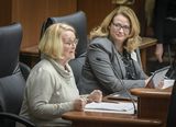 Judy Marder sits at the testifiers' table and speaks to someone out of view. Representative Halverson sits next to her and watches as she speaks.